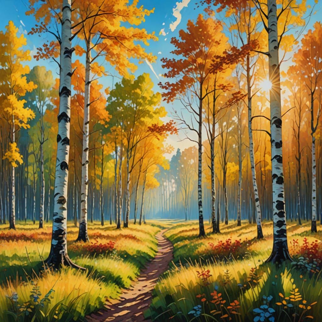 Vibrant Autumn Forest Landscape in Impressionist Style