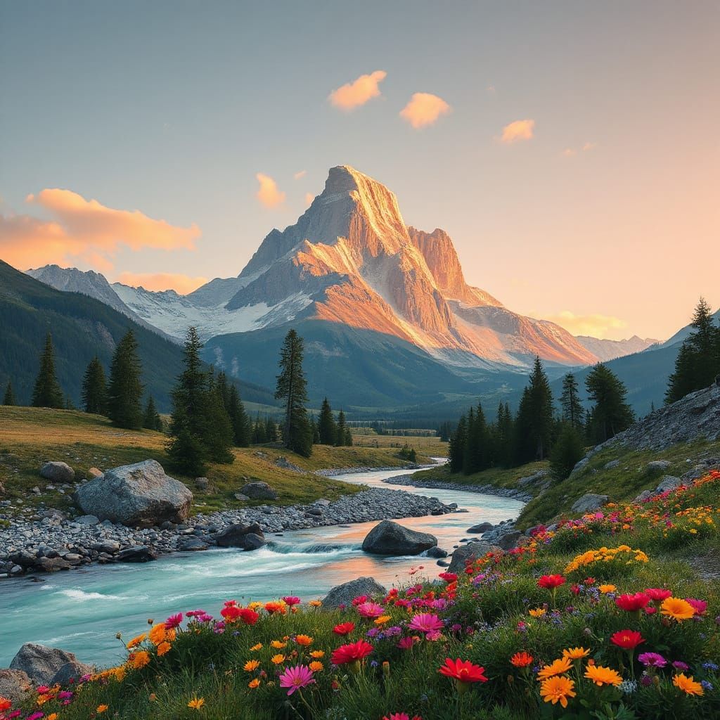 Mountain Peak with Wildflowers in Hyperrealistic Style