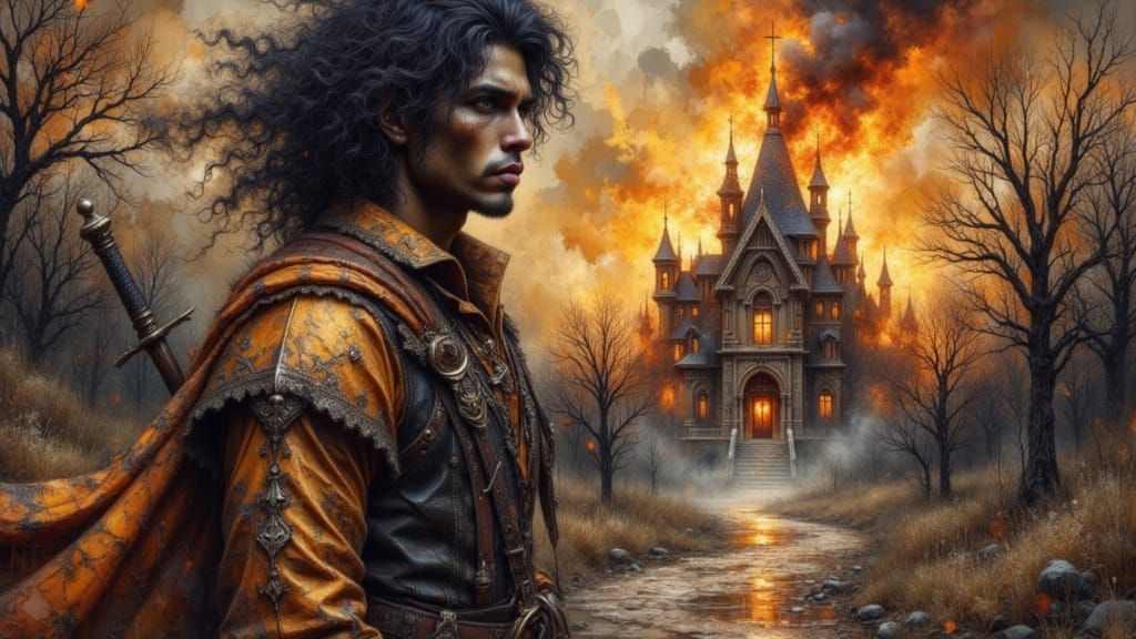 Warrior in Burning Mansion, Grunge Oil & Watercolour Style