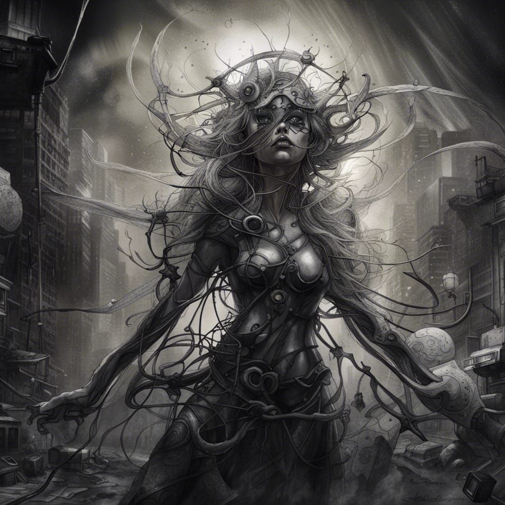 Biopunk Post-Apocalyptic Wonderland in Monochromatic Digital...