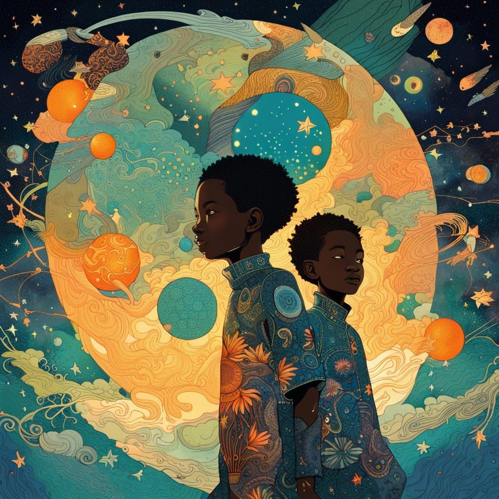 African Boys Flying Through Space: Surreal Illustration