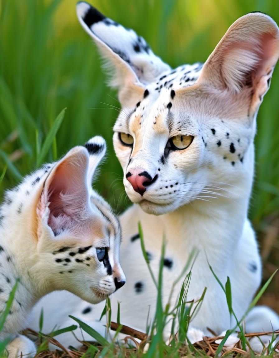 Serval – Leucistic Serval Kitten (white Serval) with his Mother in the African Wilderness 08 – 3:4 Format