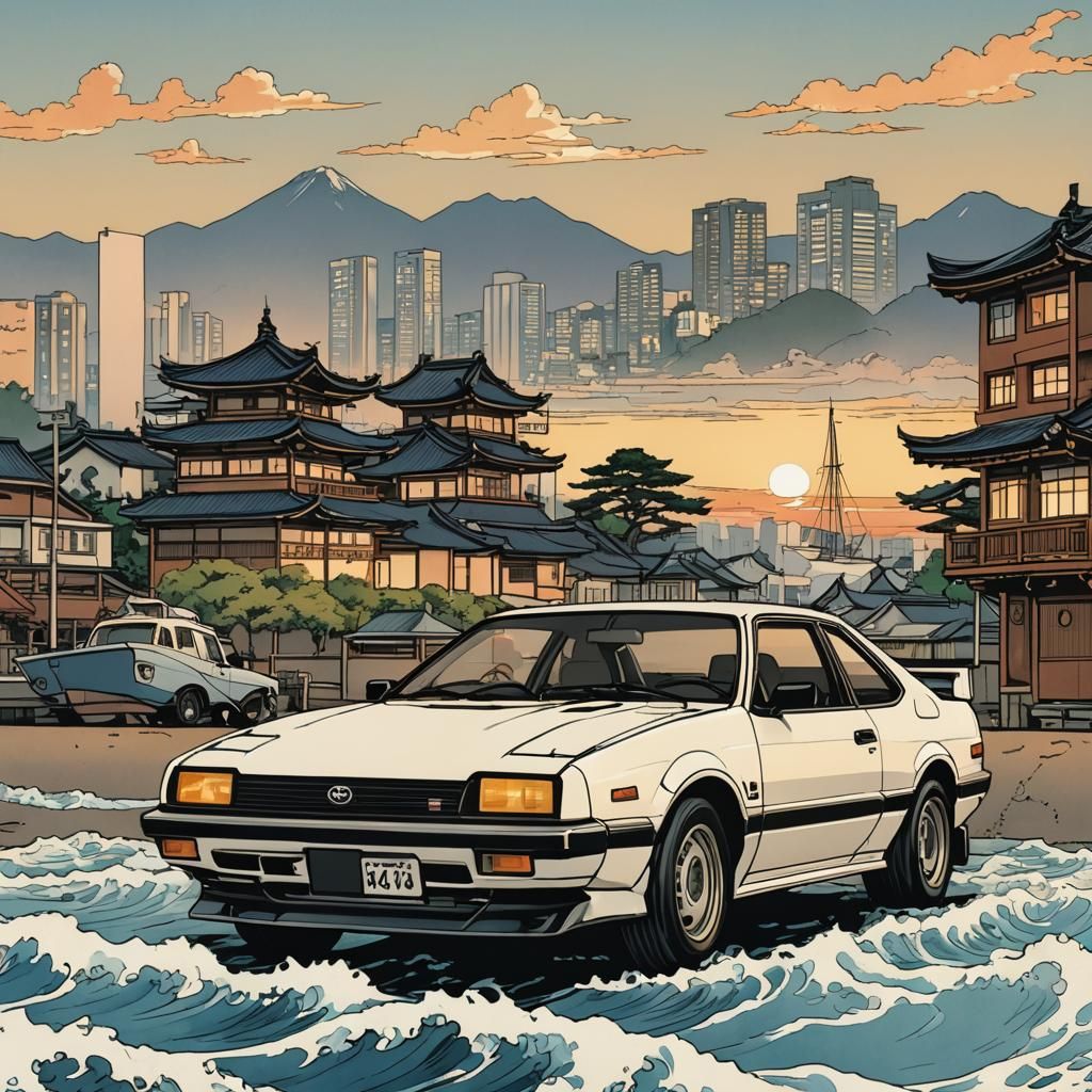 Toyota Trueno in Seaside City, Japanese Art Style