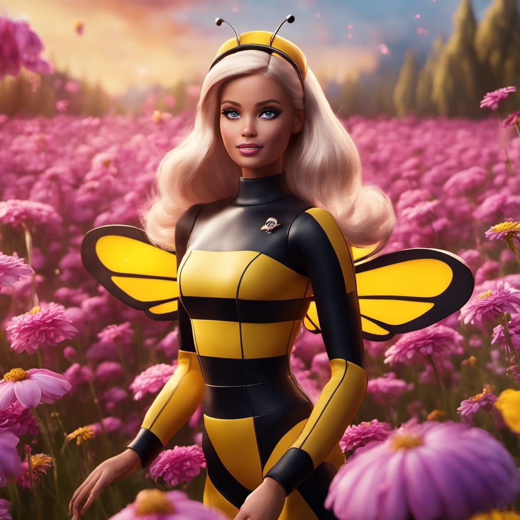 Barbie as Bumblebee in Flower Field, Detailed Painting