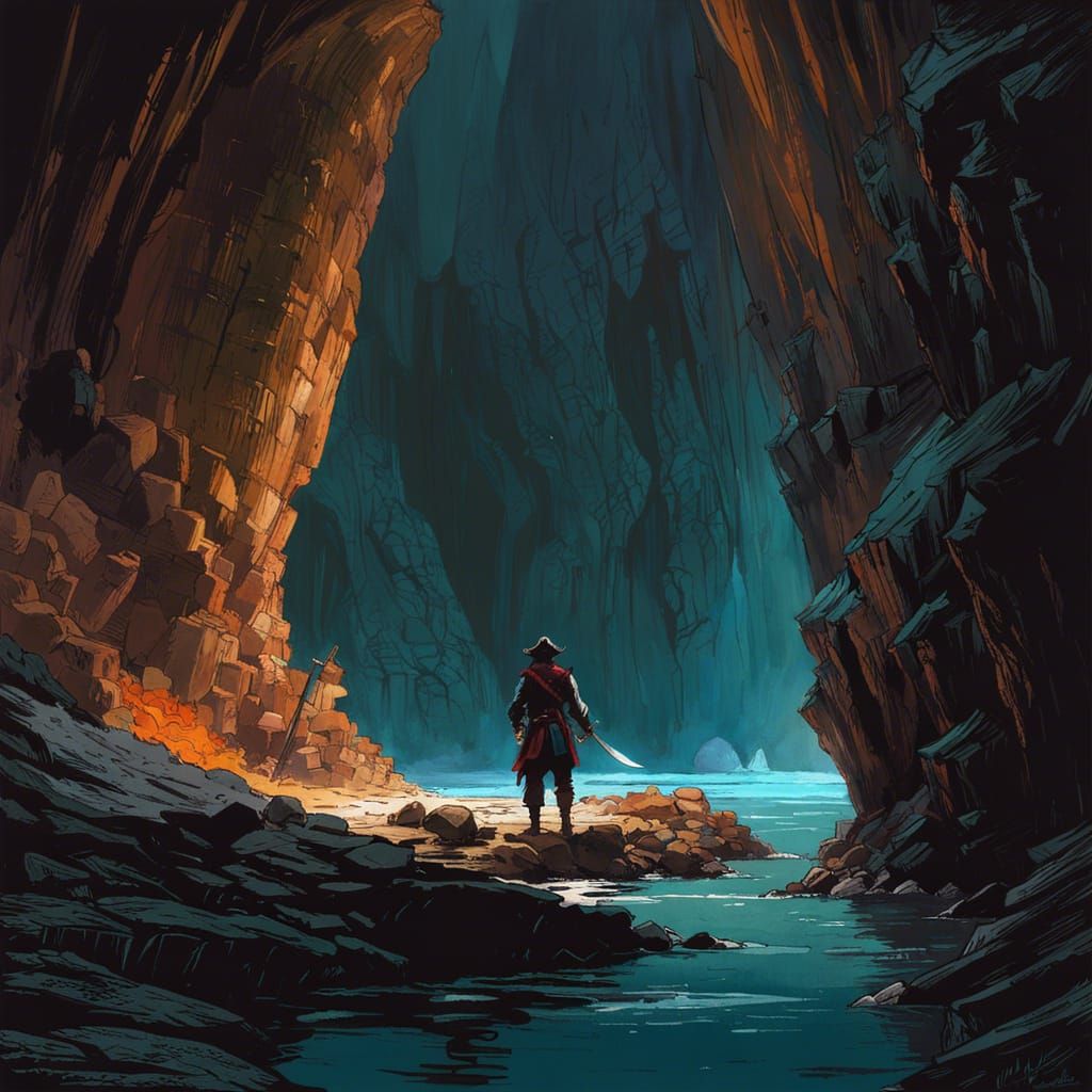 Pirate at Cave Entrance: Hyperdetailed Digital Sketch
