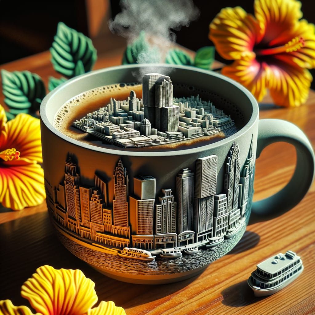 Surreal Rotterdam Cityscape Emerges from Coffee Mug in Hyper...