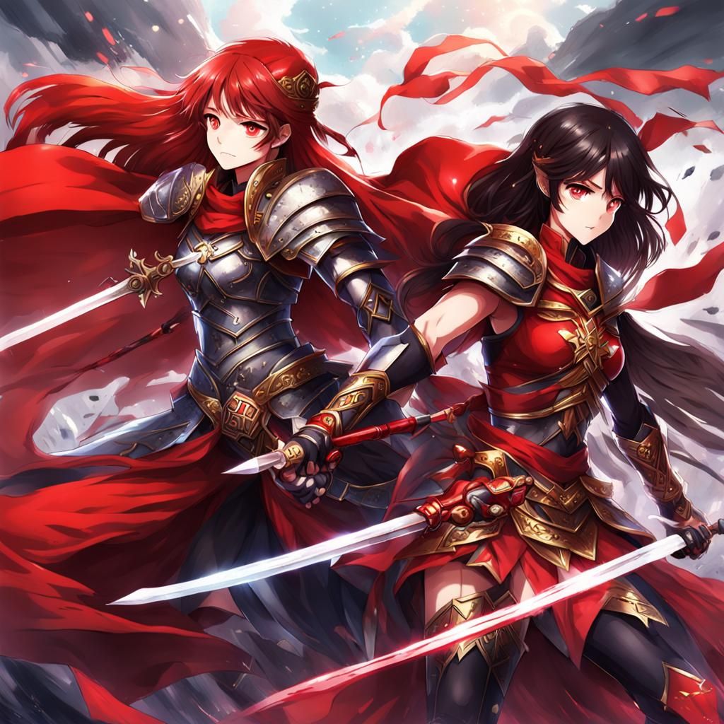 Anime Style Red vs Black Warrior Princesses