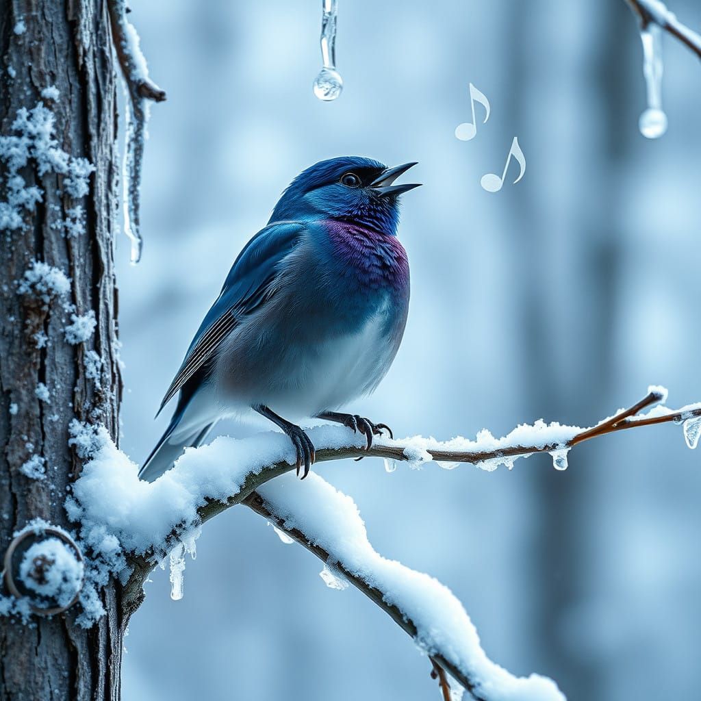 Ethereal Blue Finch Serenade in Snowy Woodscape
