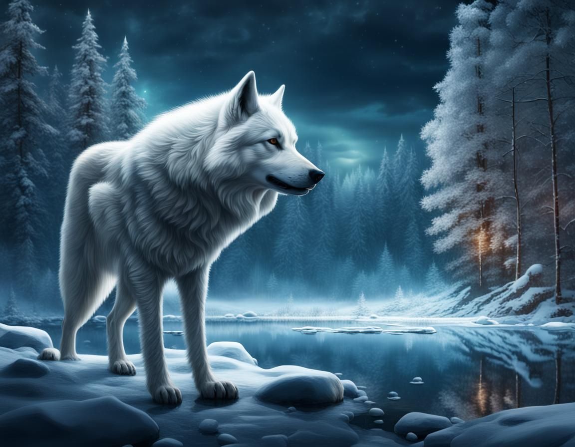 Majestic White Direwolf in Winter Forest Landscape