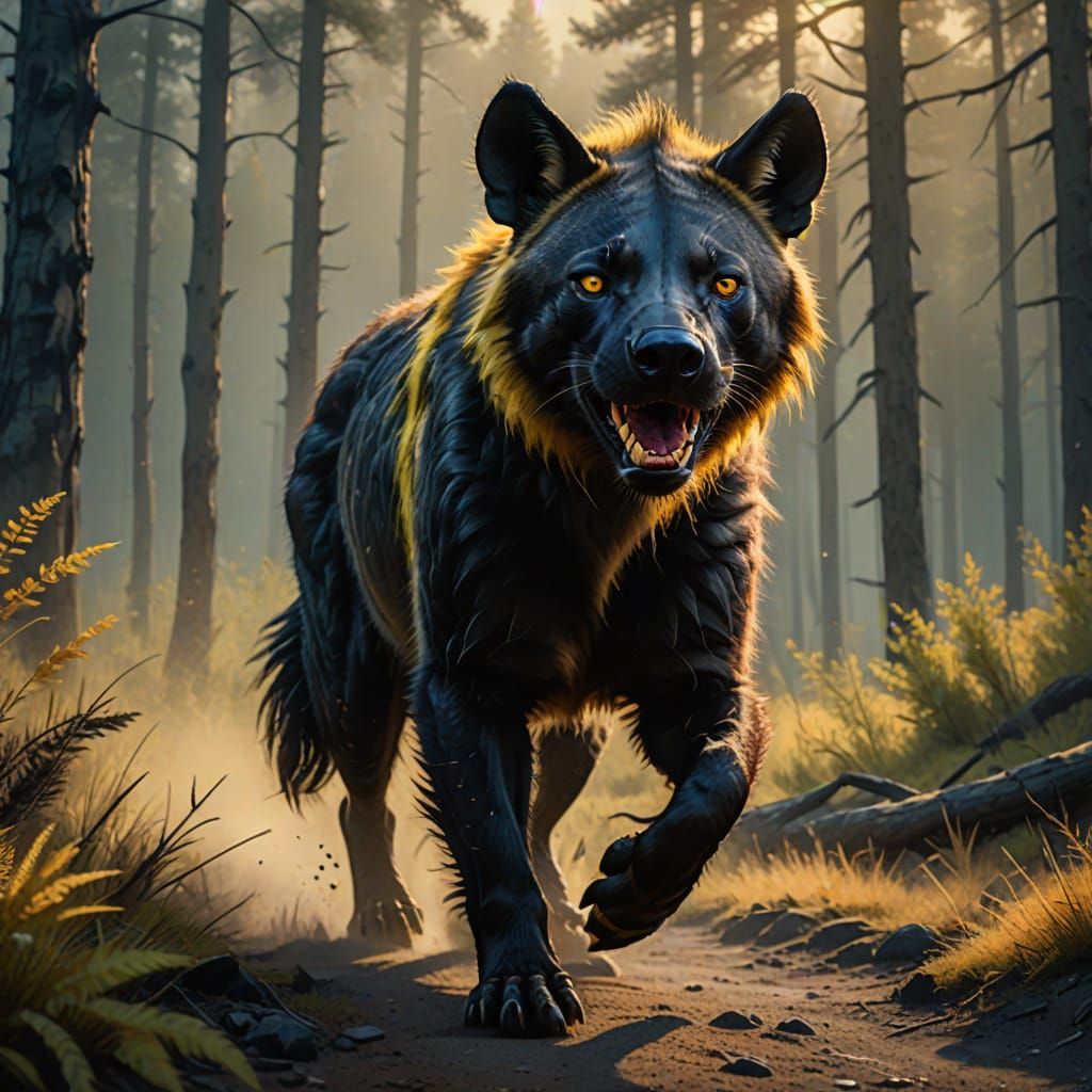 Large Black Hyena-Like Dog in Montana Forest Painting