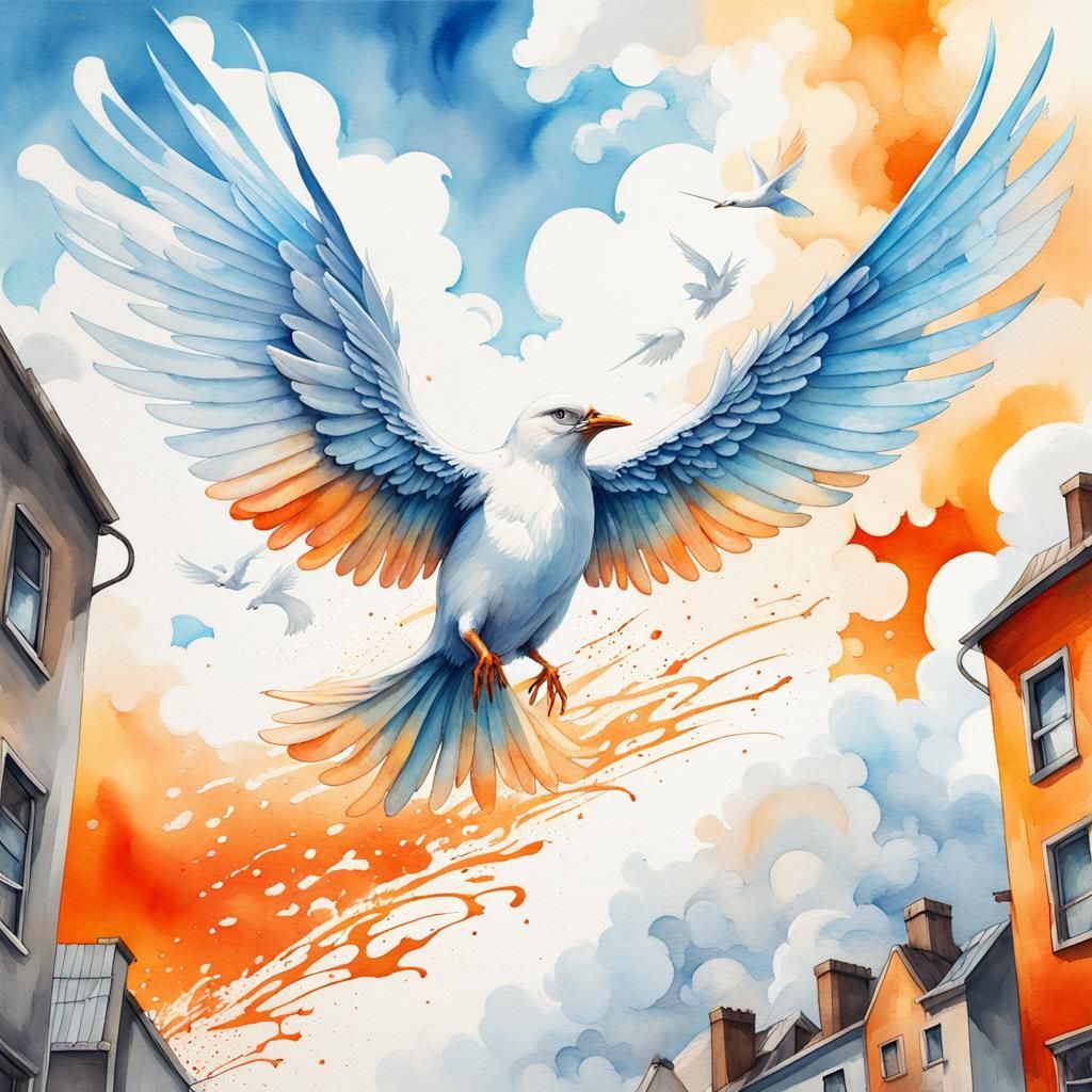Birds with Blue Wings in Watercolor Graffiti Art