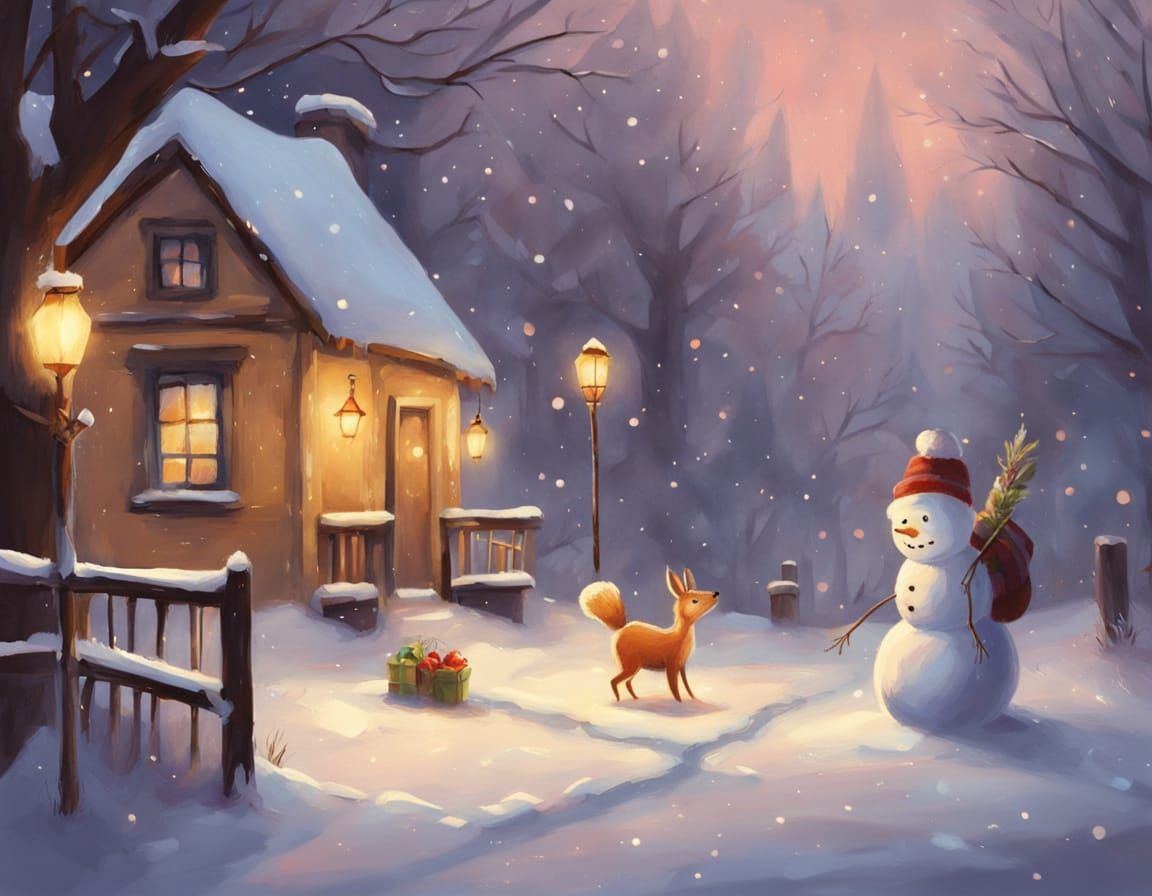 Cozy Christmas Village Postcard Illustration