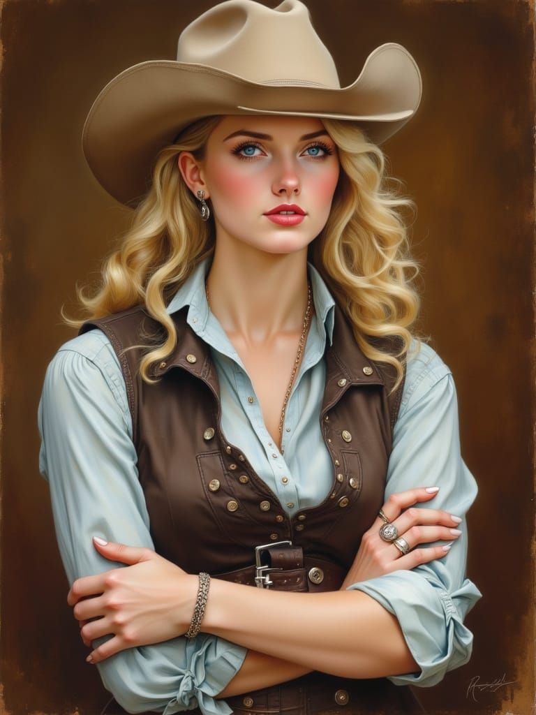 Earthy Blonde in Cowboy Hat as Soft Pastel Portrait
