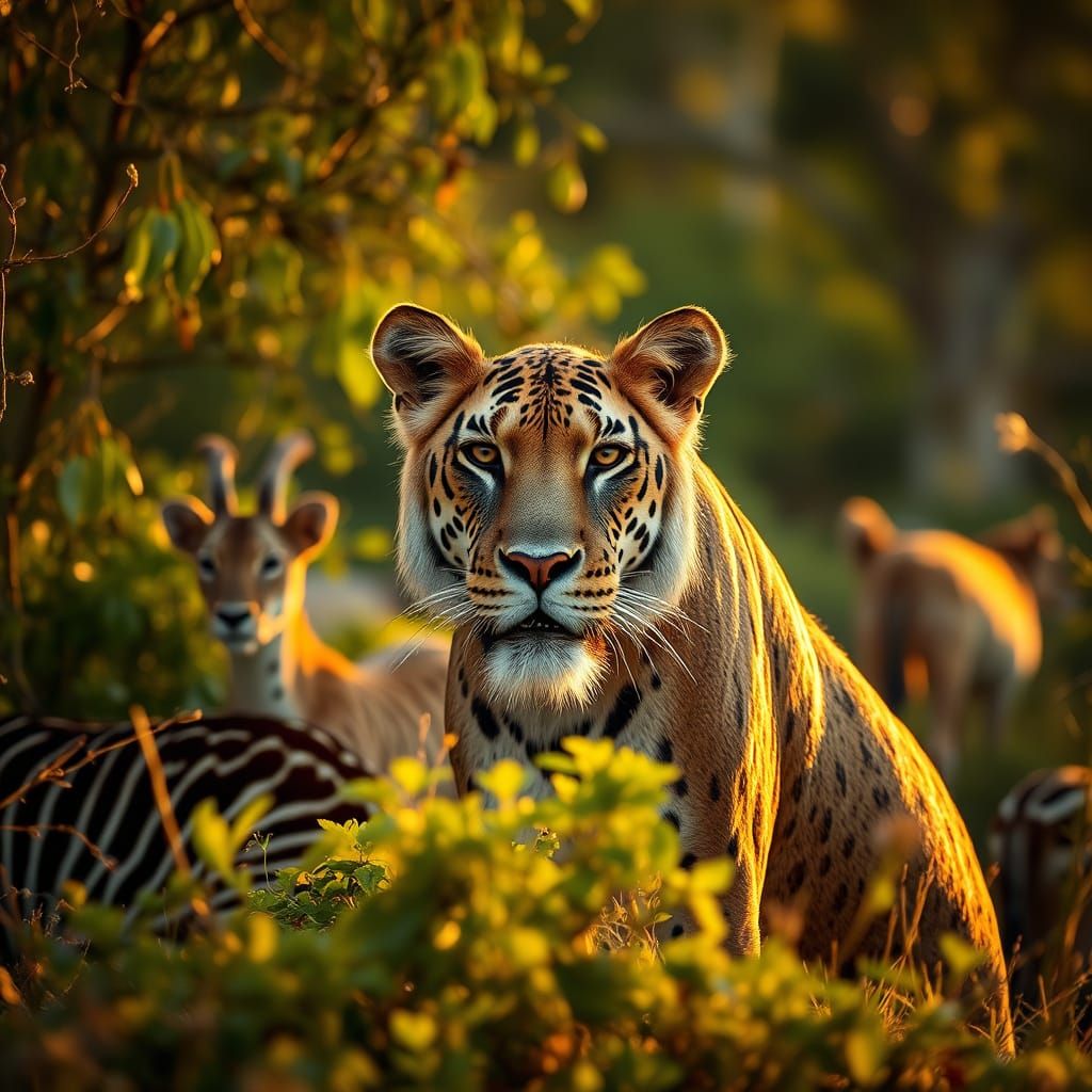 Wildlife Scene in Golden Hour with Vibrant Animals