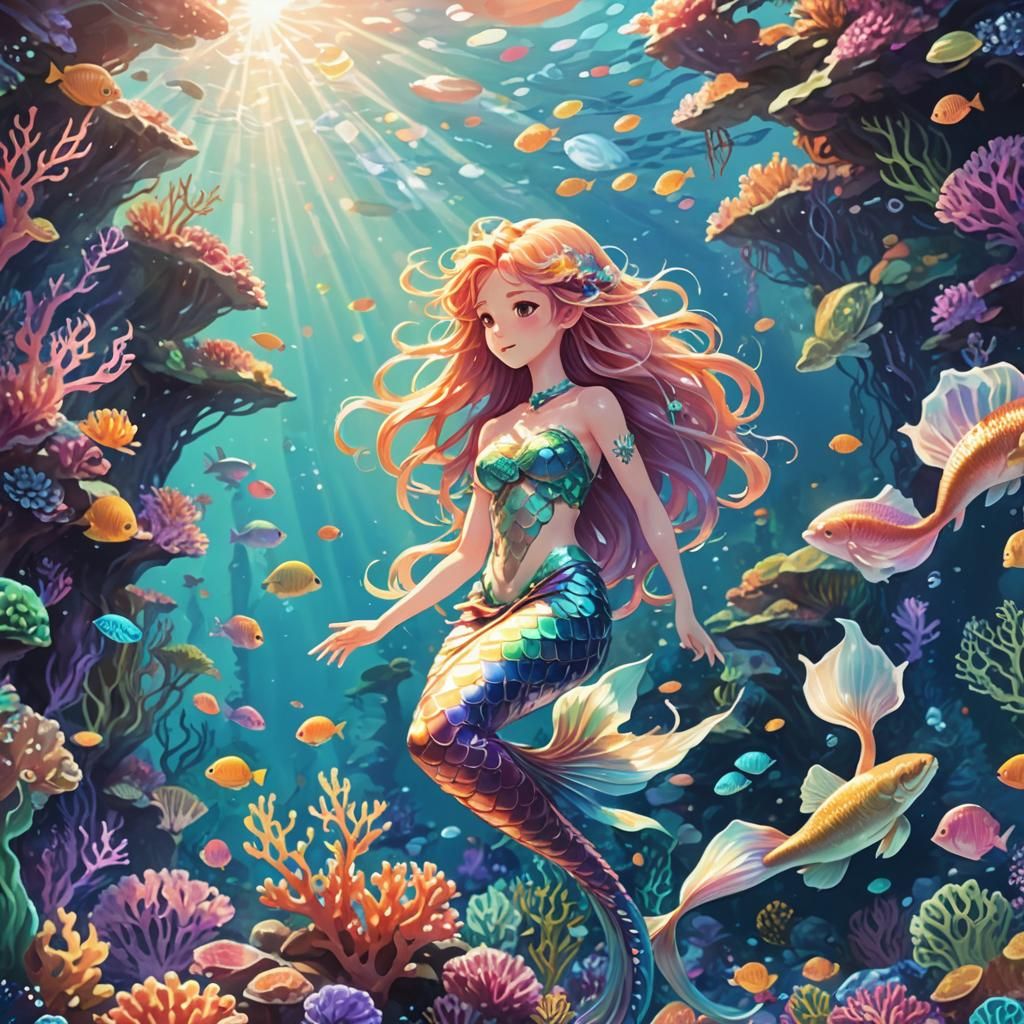 Whimsical Anime Mermaids Swim Among Coral Reef in Pastel Hue...