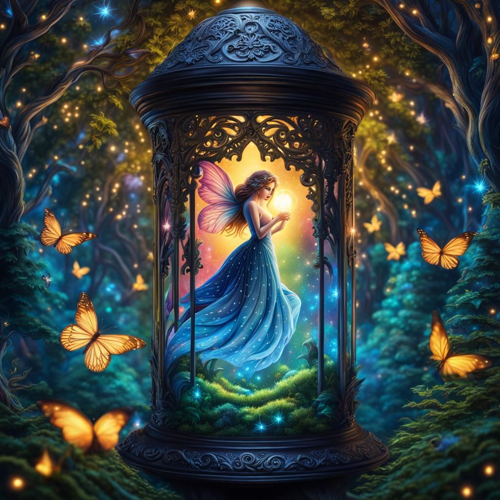 Triboluminescent Fairy Trapped in Lantern, Surreal Illustrat...