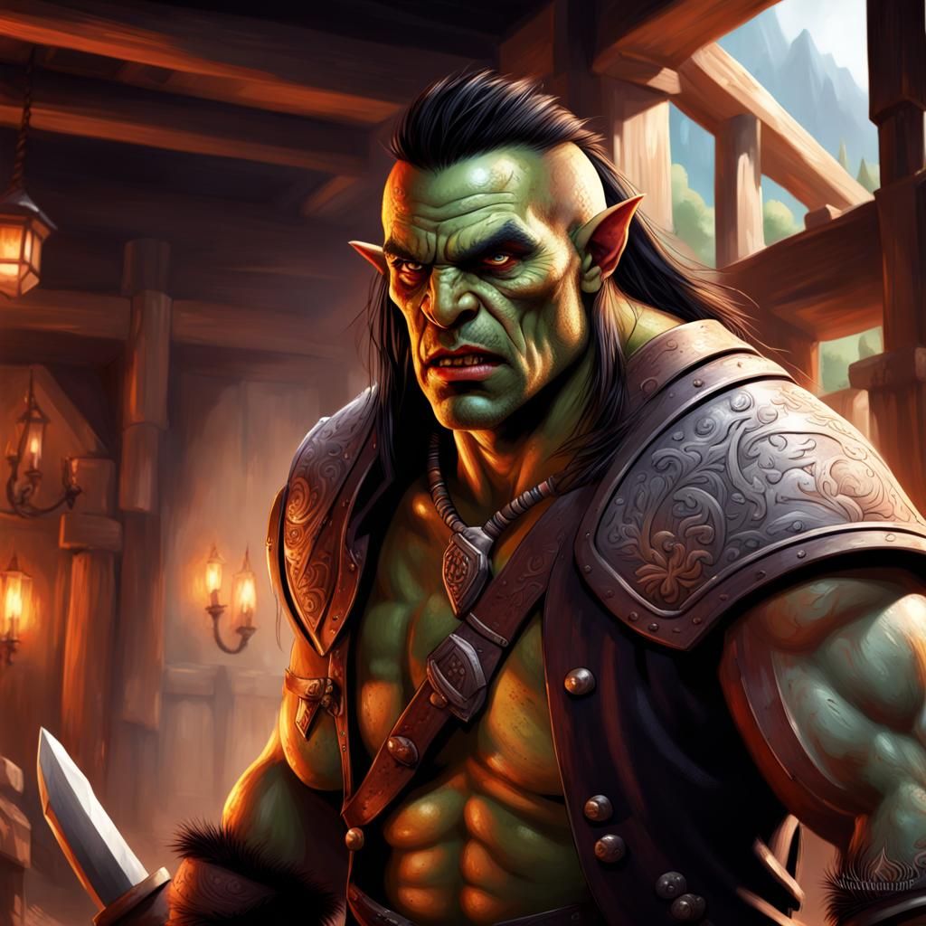 Half-Orc Barbarian Defends Woman in Inn