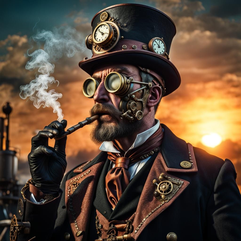 Sinister Steampunk Captain at Sunset in 8K