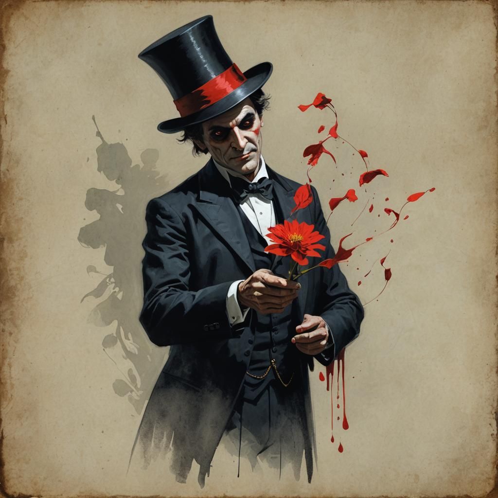 Sinister Magician Pulls Red Flower From Hat