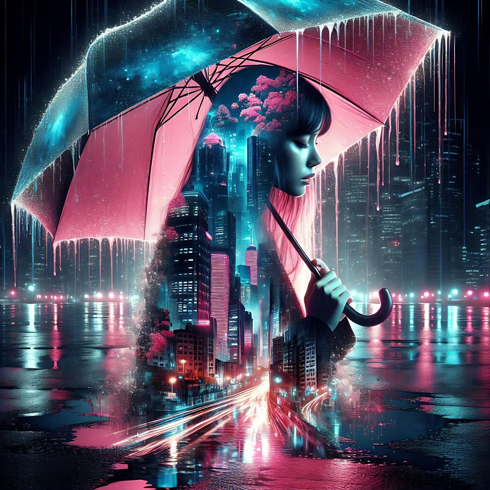Neon Cityscape Double Exposure with Woman and Umbrella