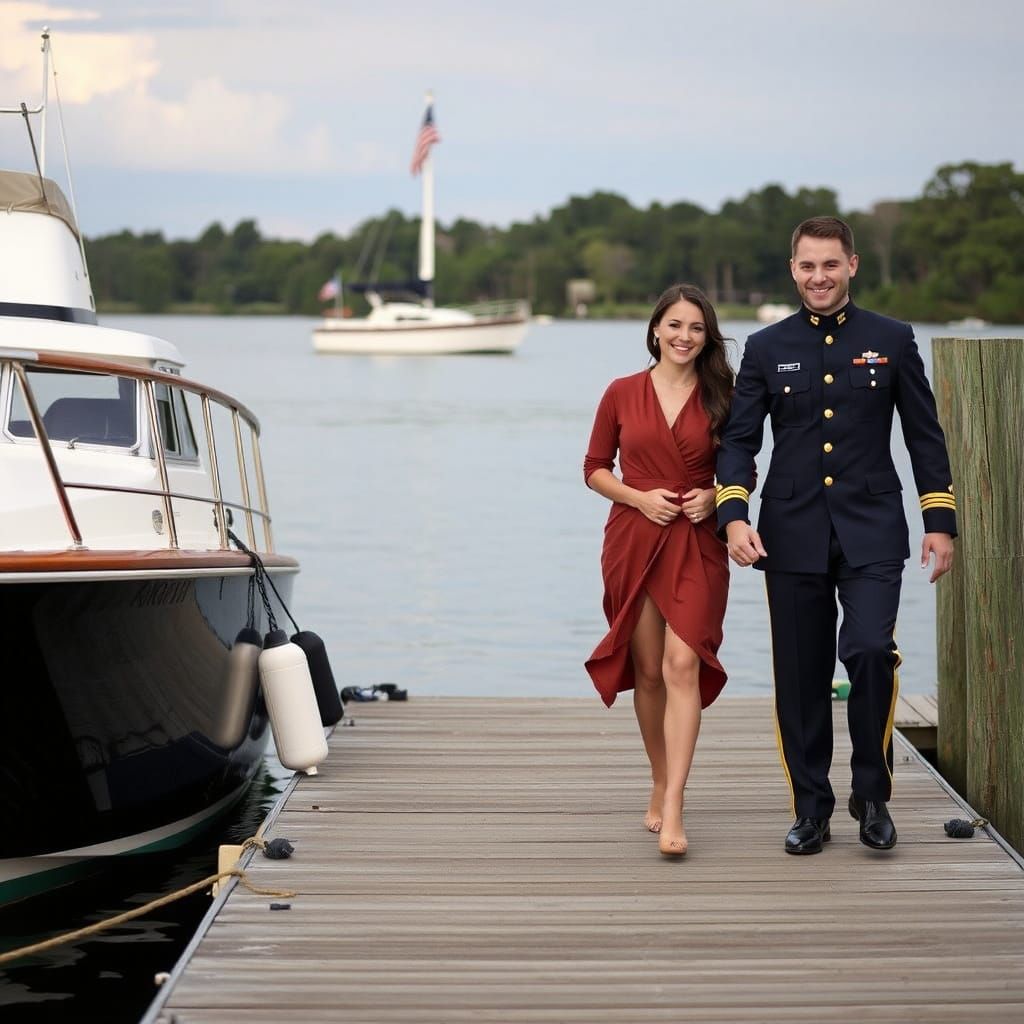 Happy Couple Strolling on Dock with American Flag