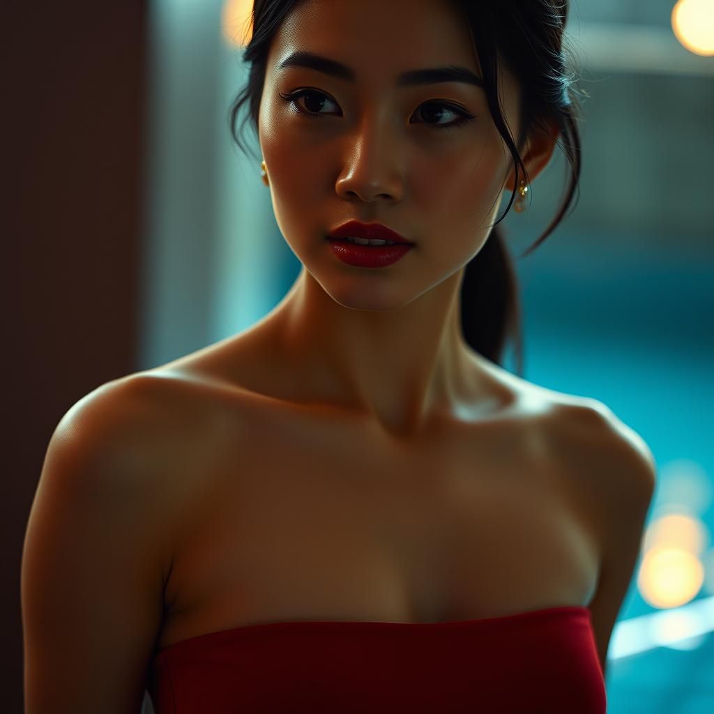 Cinematic Portrait of Chinese Woman in Red Swimsuit