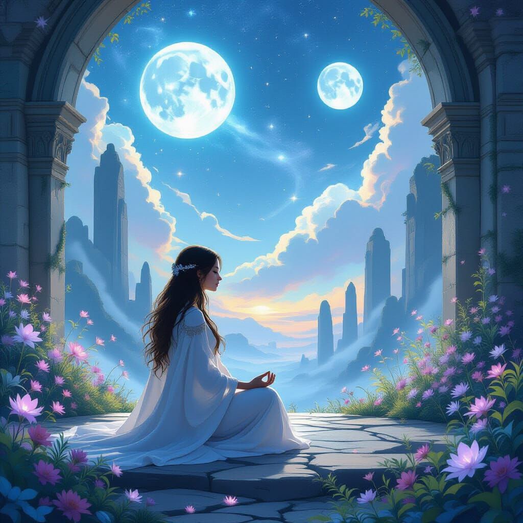 Female Cleric Meditating in Celestial Ruins with Twin Moons
