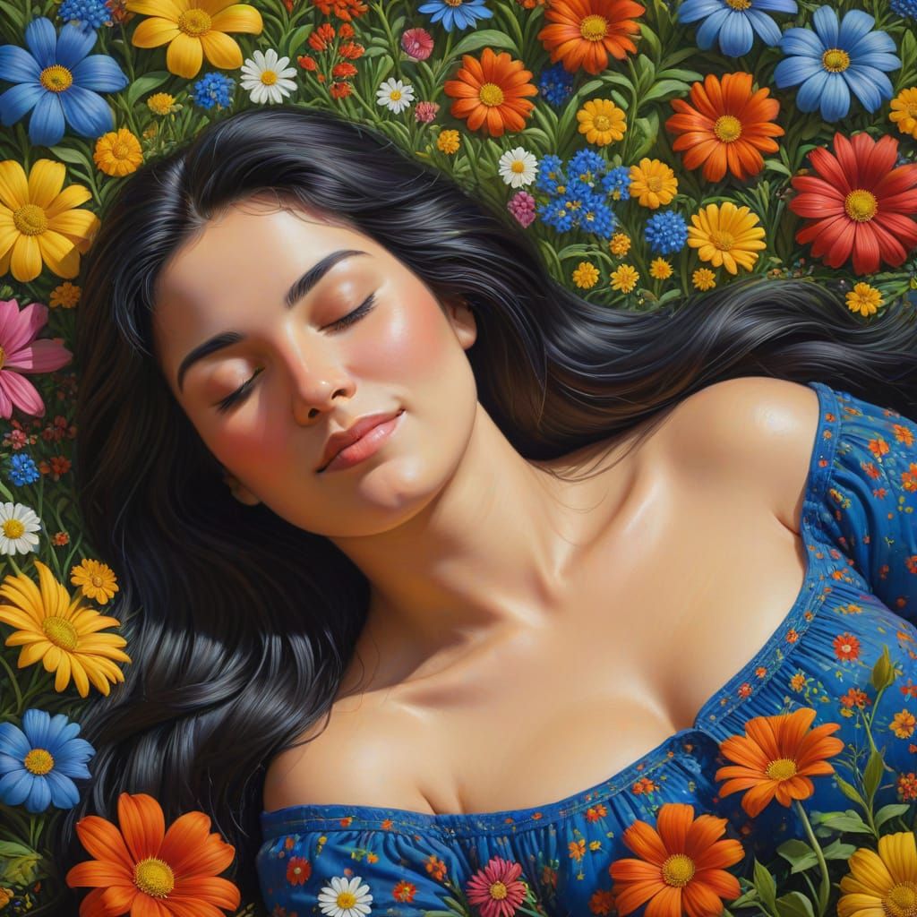 Woman Sleeping in Wildflowers, Botero Style