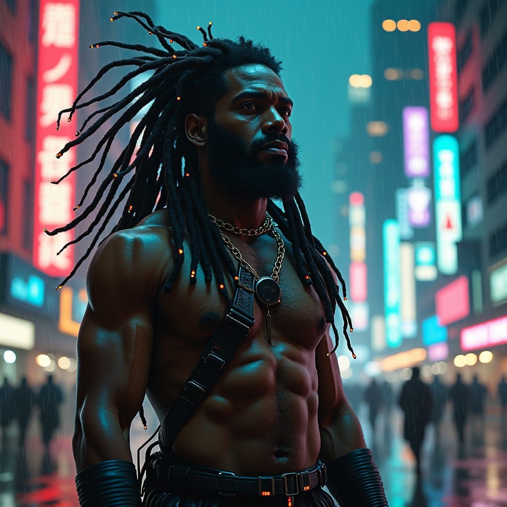 Cyberpunk Jamaican Warrior Priest in Neon Cityscape