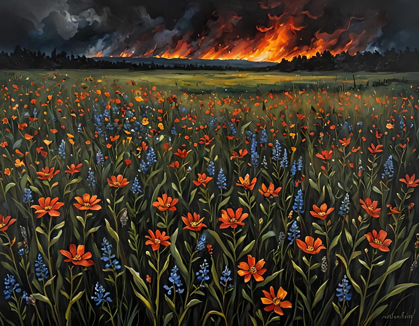 Surreal Wildflower Landscape in Dark Oil Painting