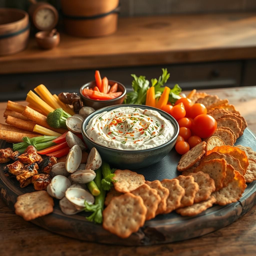 Sumptuous Still Life with Clam Dip and Rustic Food