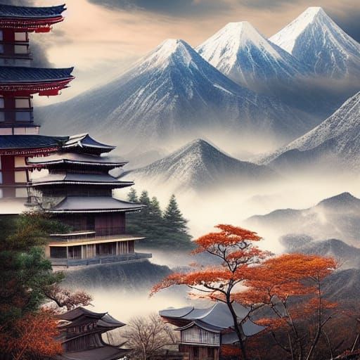 Japanese Village Surrounded by Mountains: Digital Matte Pain...