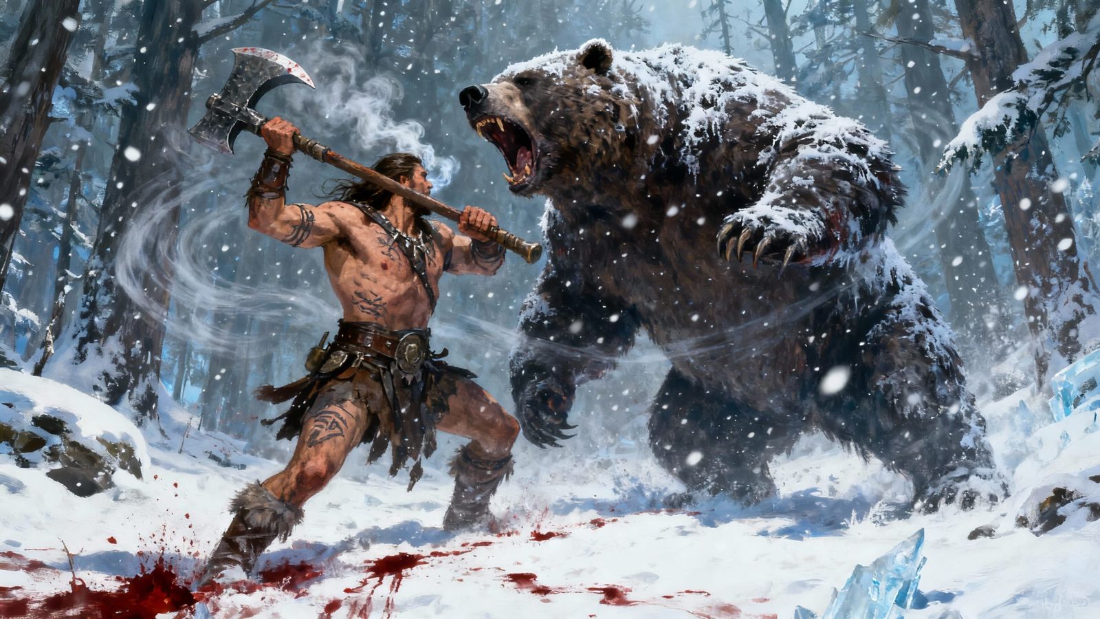 Barbarian Warrior Battles Giant Bear in Blizzard