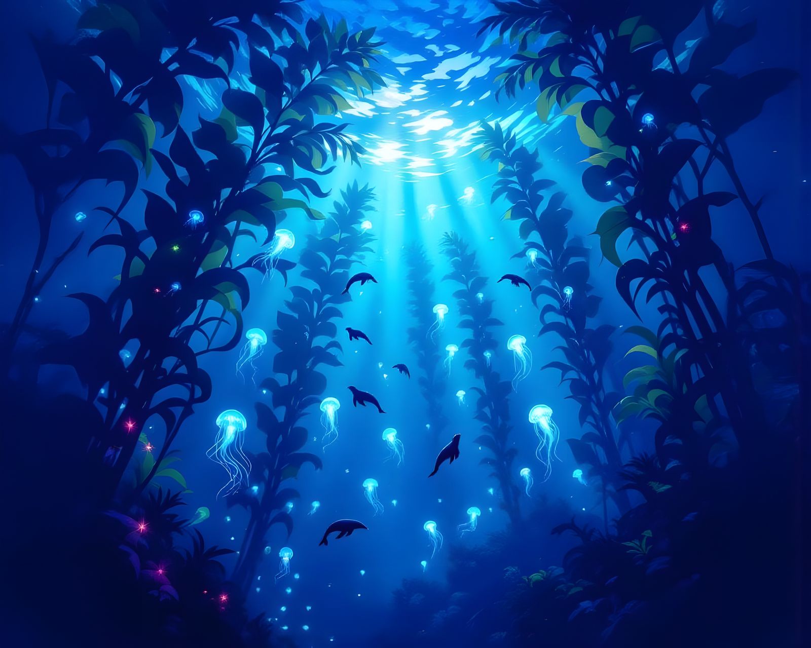 Bioluminescent Kelp Forest at Twilight in 3D