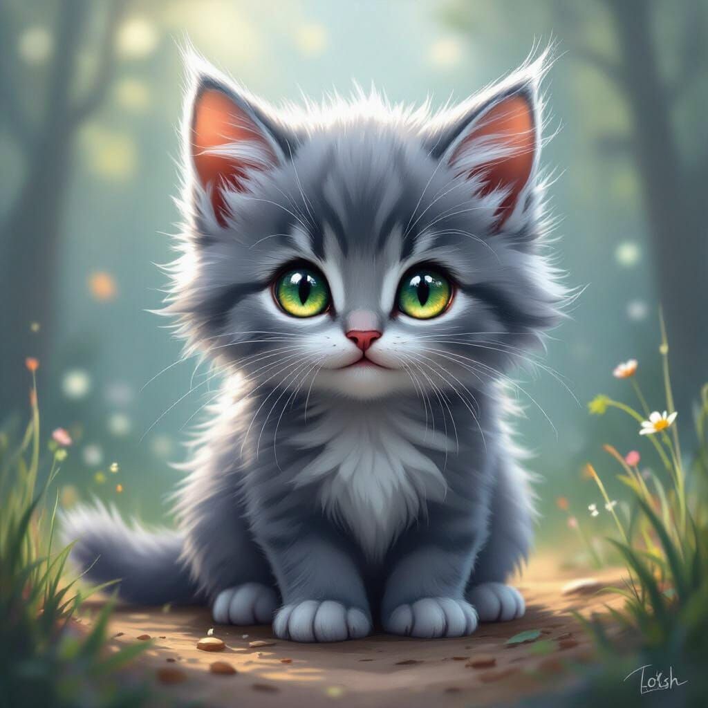 Grey-Blue Kitten with Green and Orange Eyes, Digital Art