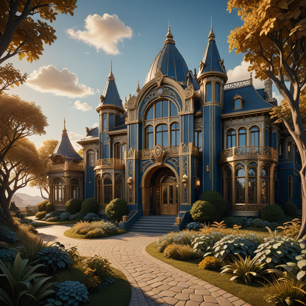 Art Deco Fantasy Landscape with Majestic Architecture and La...