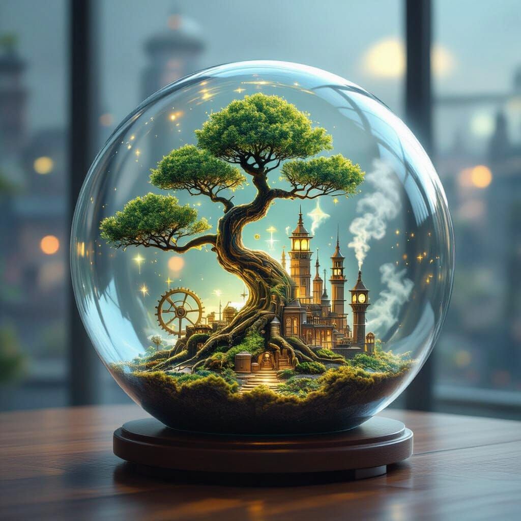 Bioluminescent Bonsai Illuminates Steampunk City