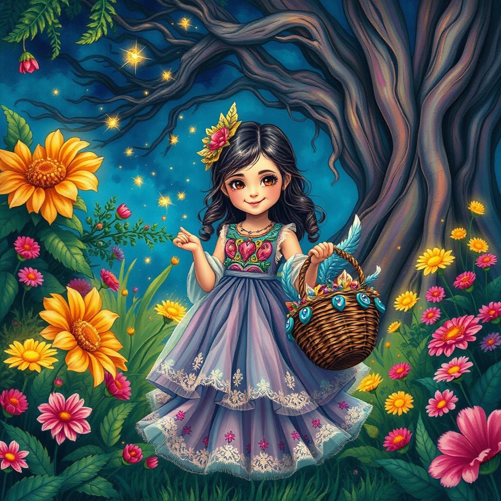 Little Gypsy Girl in Enchanted Garden of Whimsy