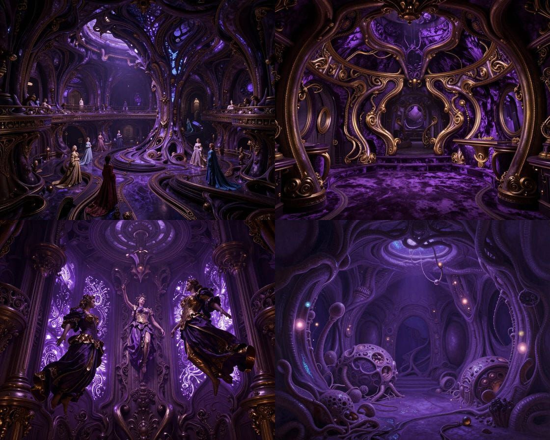 Purple Baroque Sci-Fi Spaceship Interior with Dramatic Light...