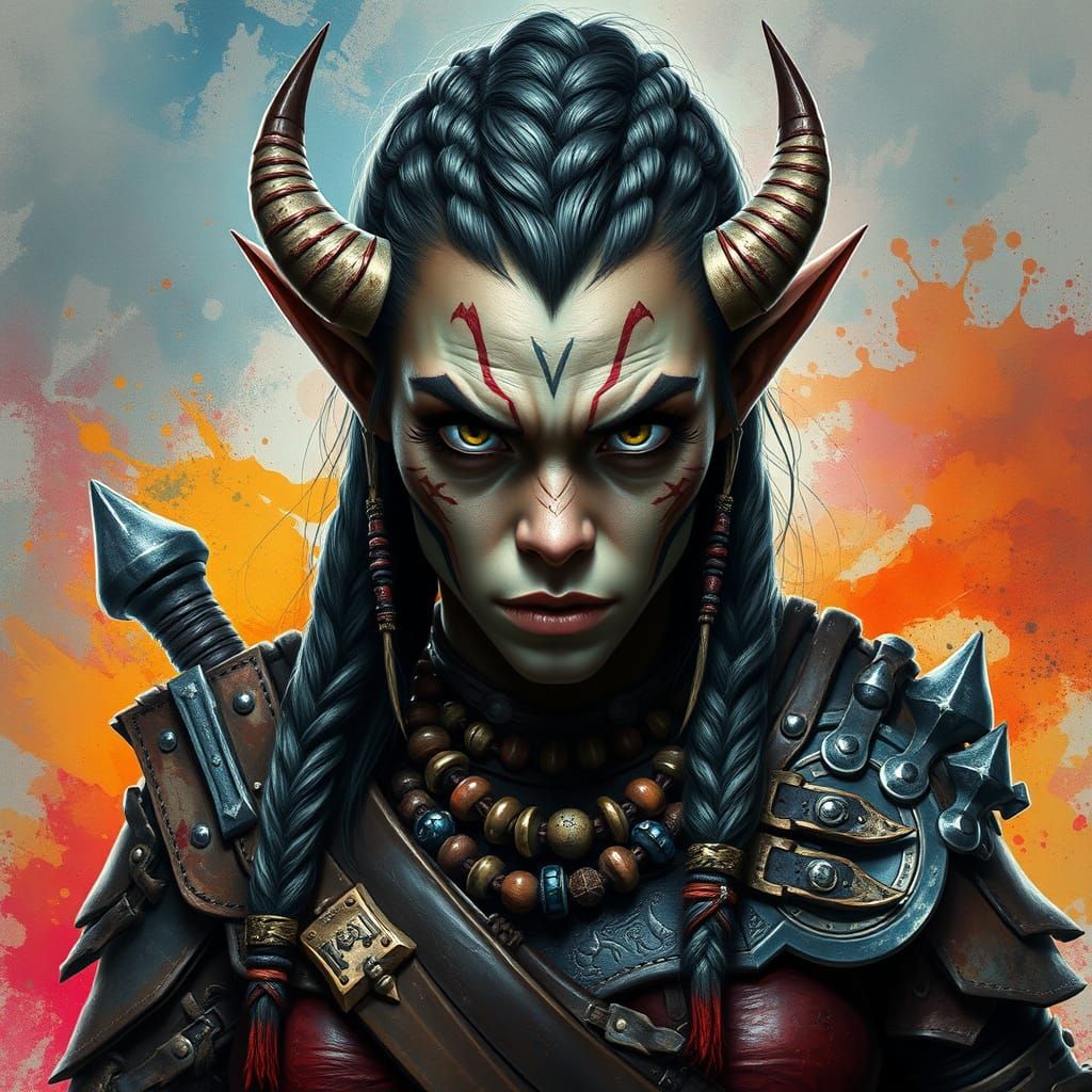 Fierce Orc Warrior Portrait with Vivid Watercolor Accents