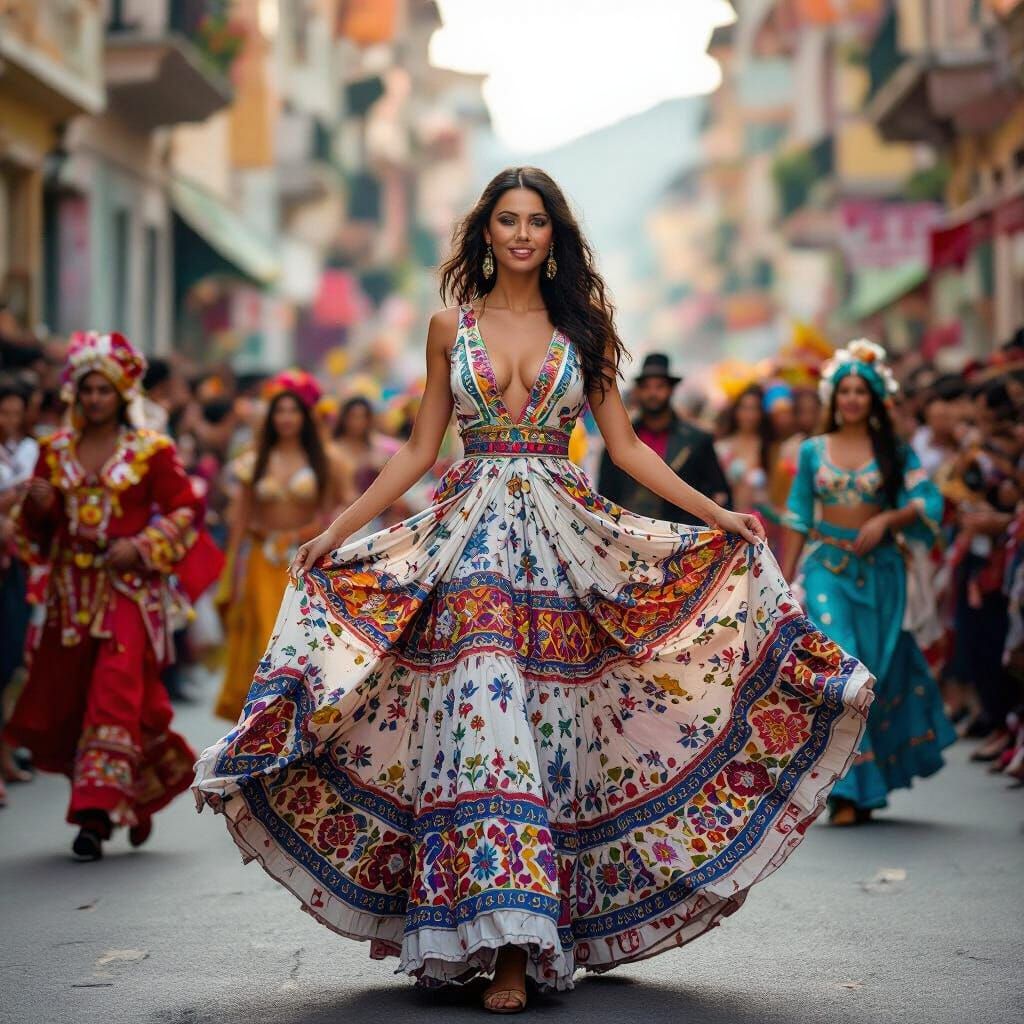 Woman in Vibrant Dress at Street Parade