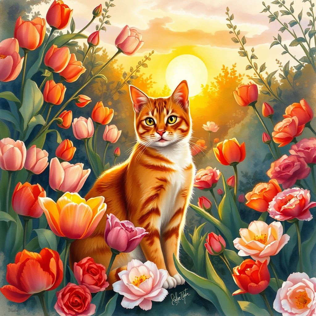 Ginger Cat in a Lush Garden Landscape