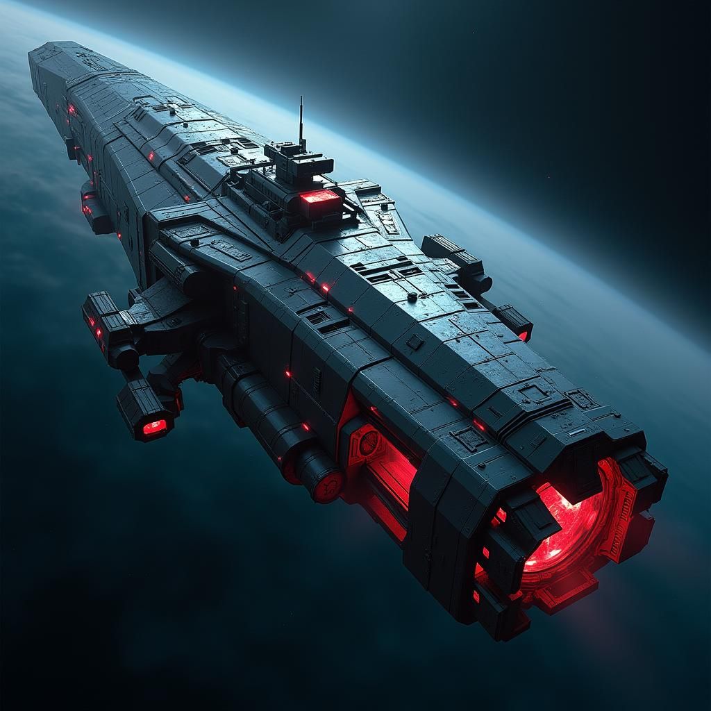 Colossal Space Warship in Dark Industrial Futurism