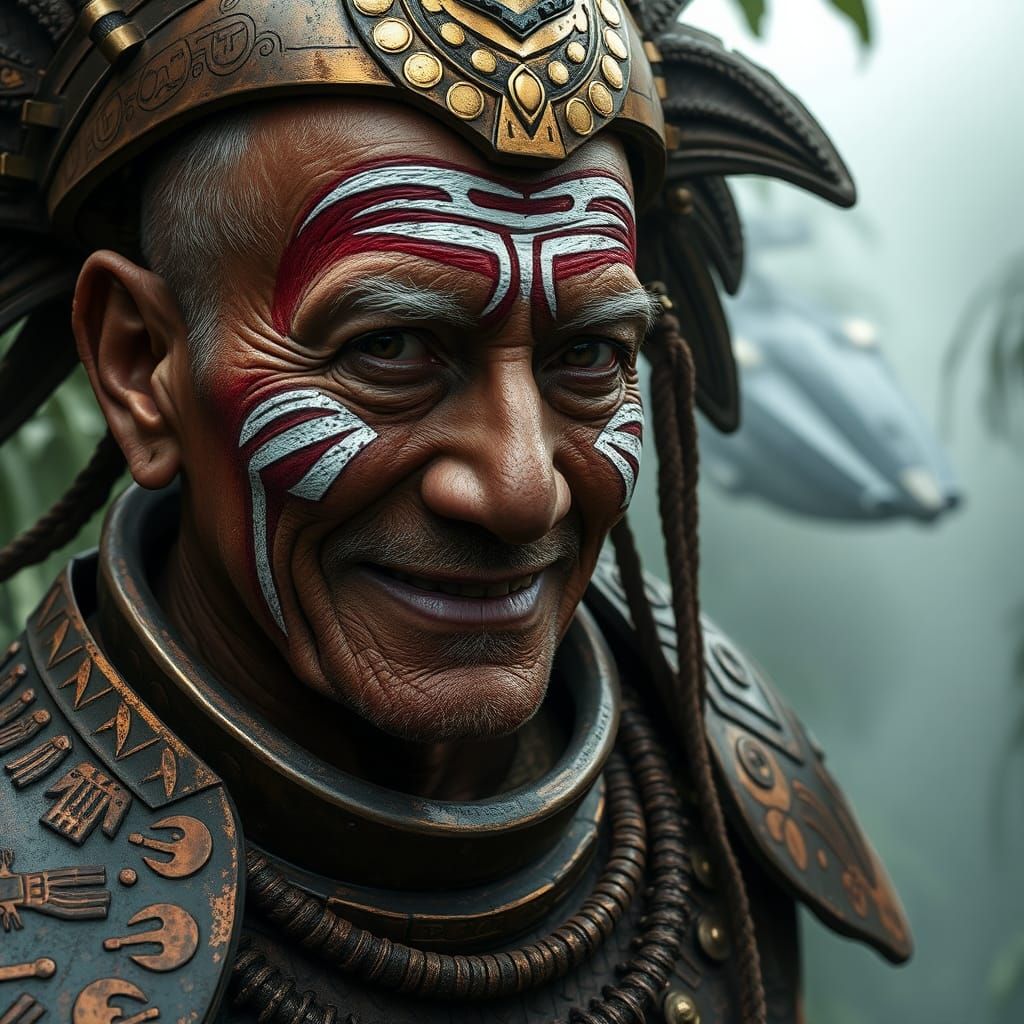 Aztec Elder in Cyberpunk Armor Gazing from Jungle