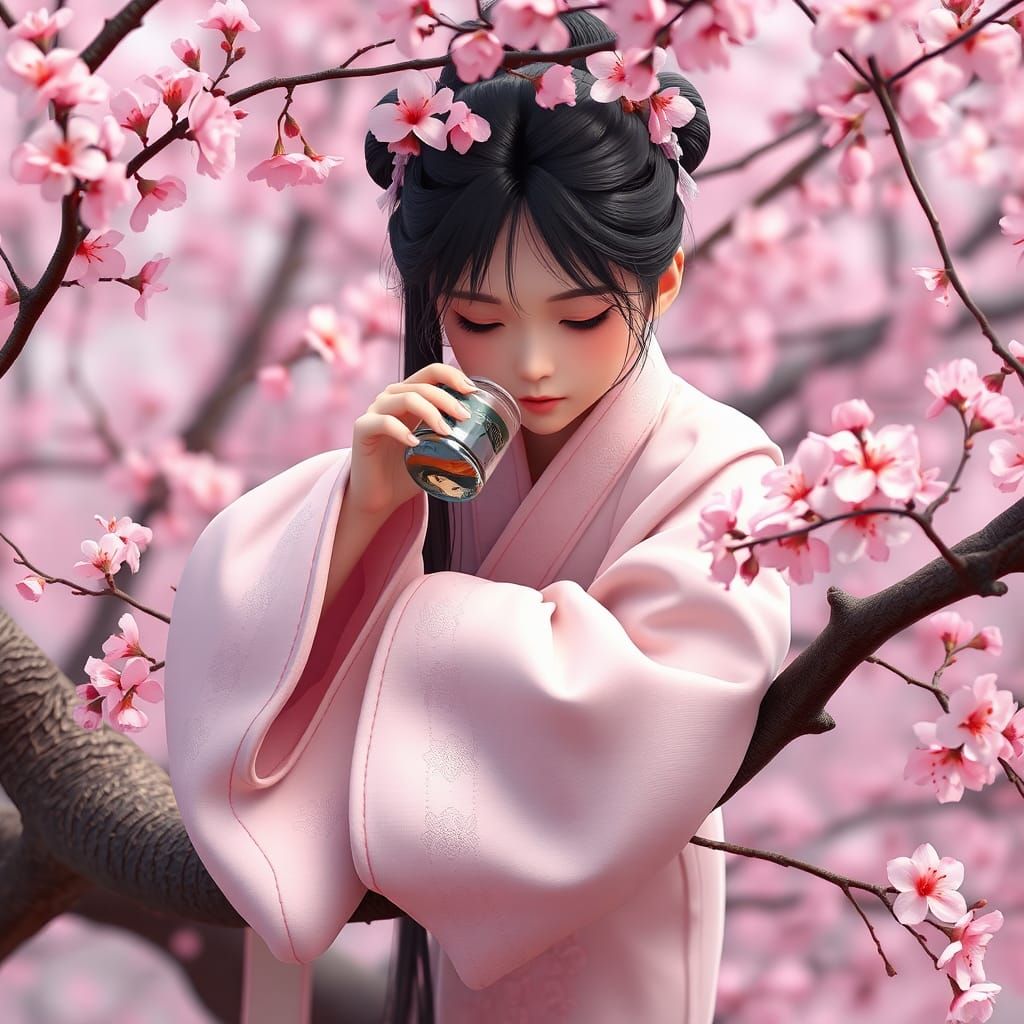 Chinese Princess in Cherry Blossoms: 3D Anime Art