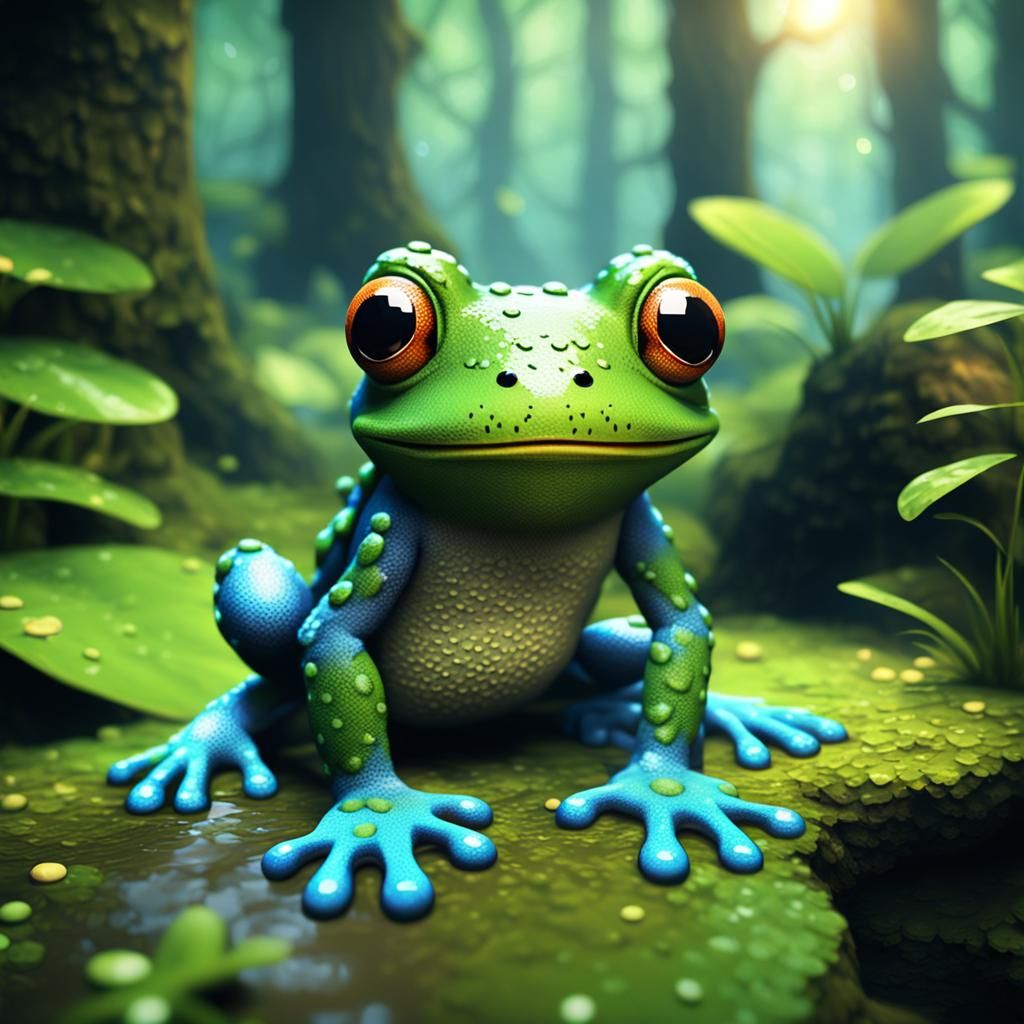 Pixelated Frog in Rainforest: 3D Video Game Art