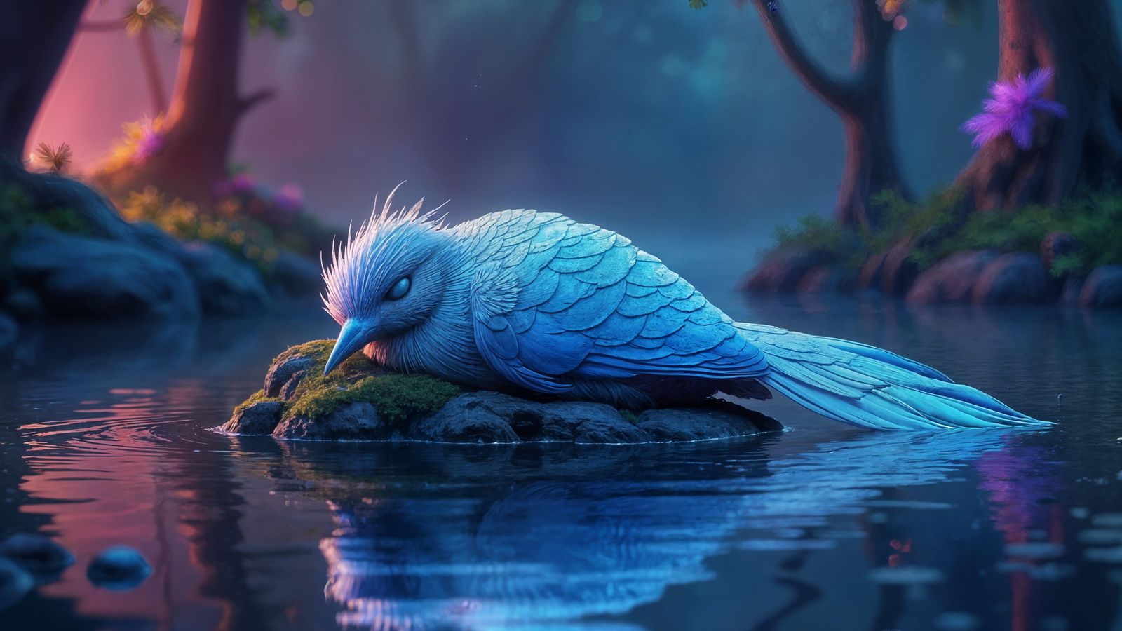 Glowing Blue Bird Sleeps in Fantasy Lake