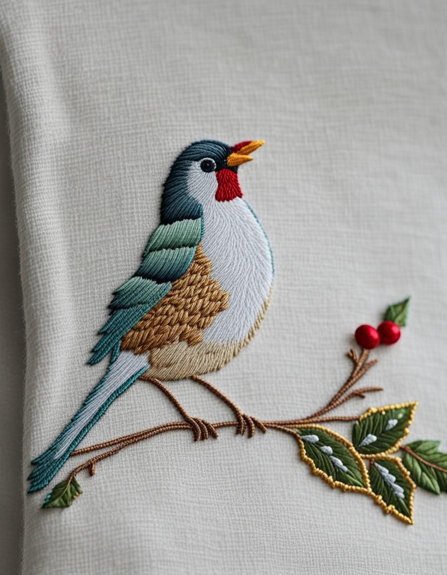 Chibi Christmas Robin Embroidery with Glass Beads