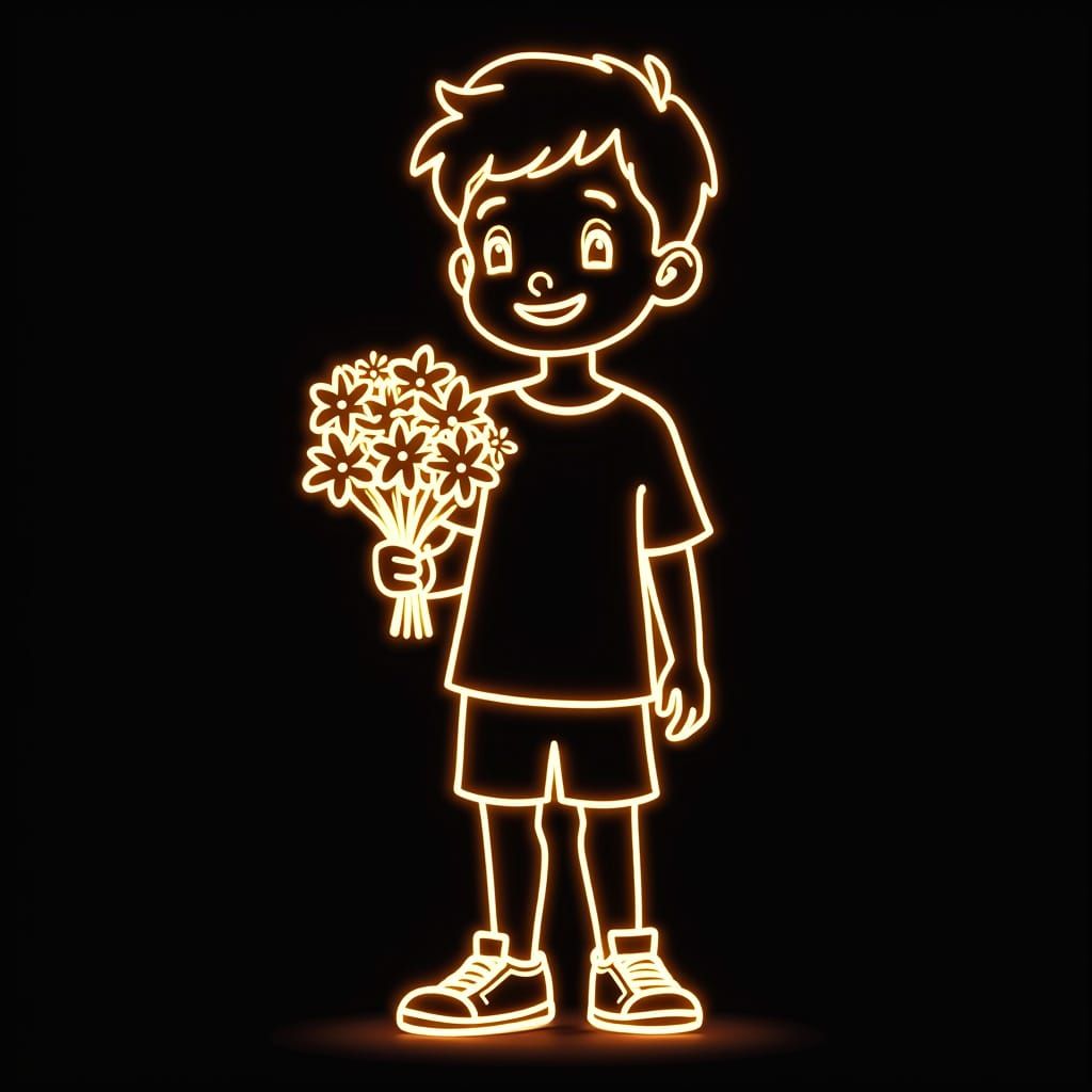 Neon Art: Boy with Flowers in Futuristic Style