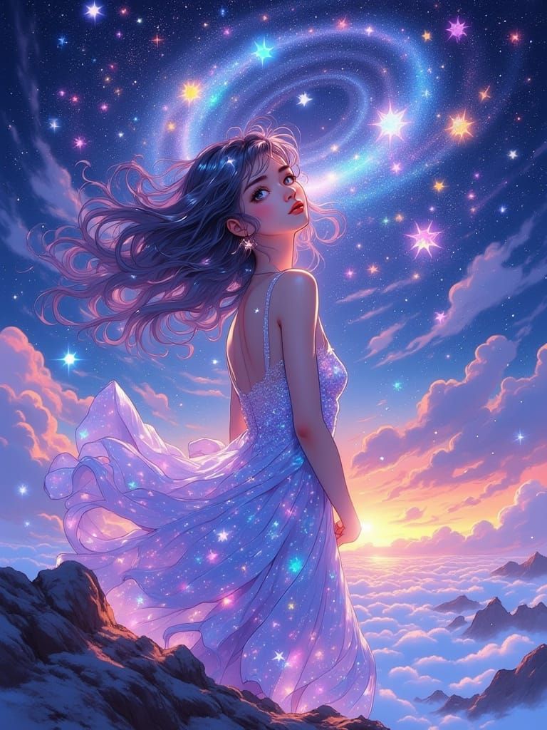 Anime Woman with Starlight Hair in Ghibli Style